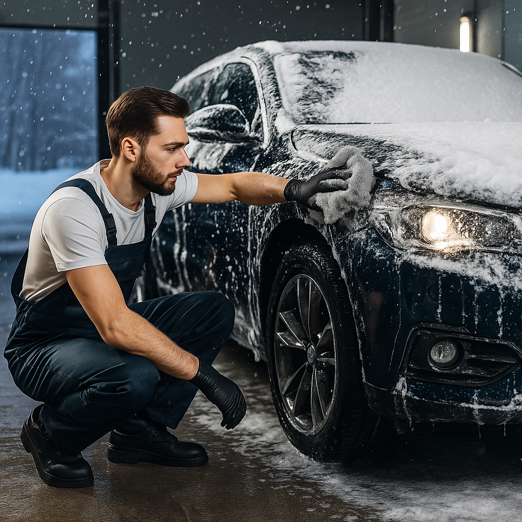 Kış mevsiminde karla kaplı bir araç, bakım yapan teknisyen – Polat Otomotiv & Özel Servis