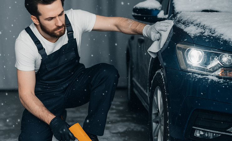 Kış bakımı yapılan otomobil, oto servisinde teknisyen tarafından motor ve lastik kontrolü yapılırken