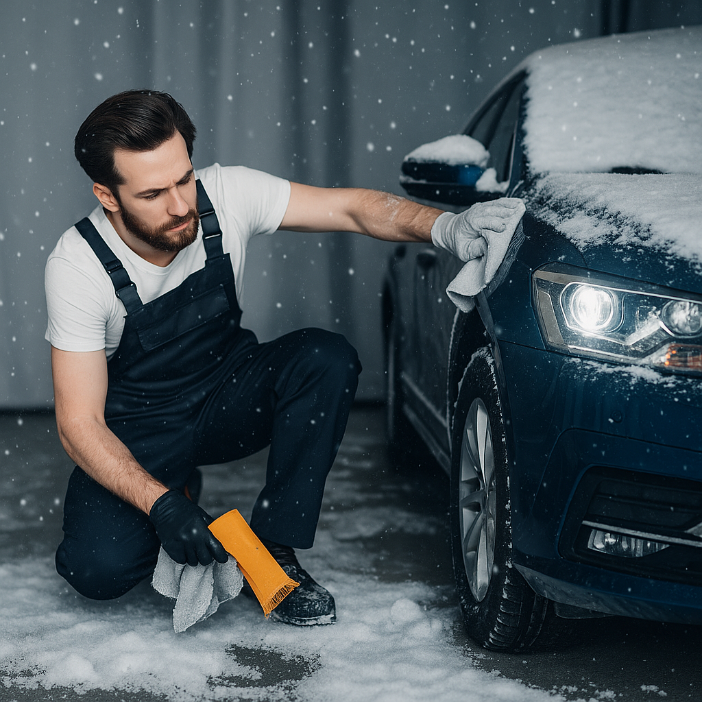 Kış bakımı yapılan otomobil, oto servisinde teknisyen tarafından motor ve lastik kontrolü yapılırken