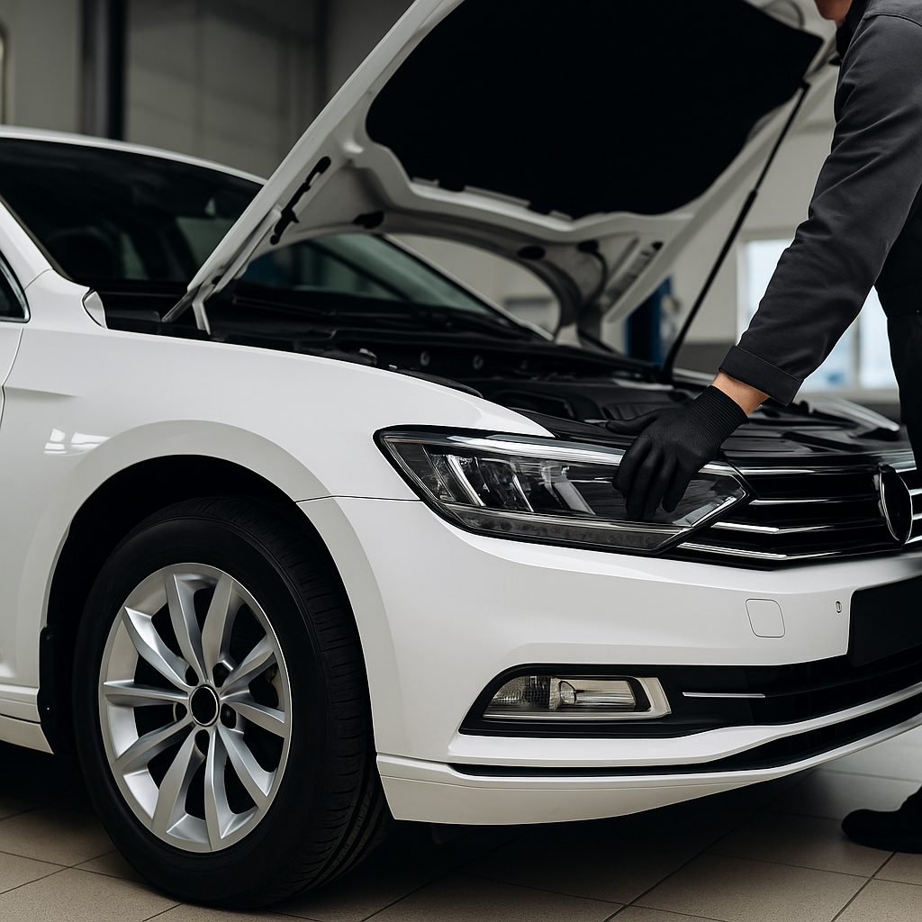 Polat Otomotiv & Özel Servis’te aracın motor bakımının yapıldığı modern servis ortamı, beyaz sedan araç, profesyonel teknisyen