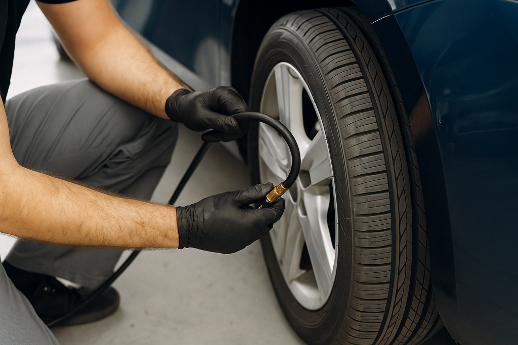 Teknisyen dijital cihazla aracın lastik basıncını kontrol ediyor, modern otomotiv servisi ortamı.