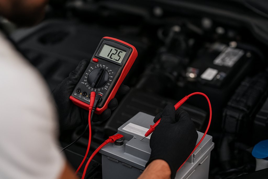 Bir teknisyen otomobilin aküsünü dijital test cihazıyla kontrol ediyor, modern servis ortamı.