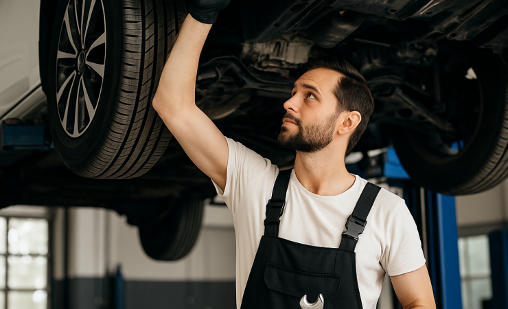 Bir teknisyen otomobilin periyodik bakımını yaparken, modern bir servis ortamında aracı kontrol ediyor.