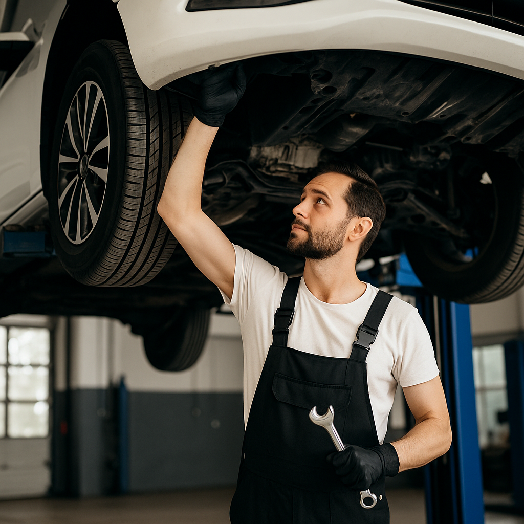 Bir teknisyen otomobilin periyodik bakımını yaparken, modern bir servis ortamında aracı kontrol ediyor.