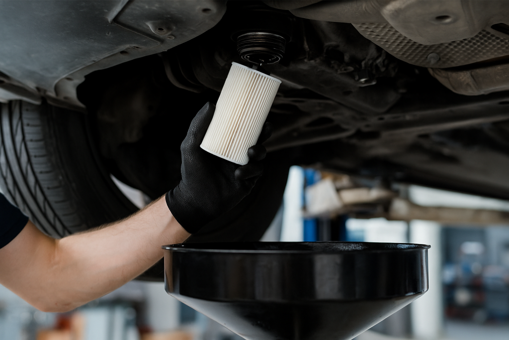 Bir teknisyen aracın altında yağ filtresi değişimi yapıyor.