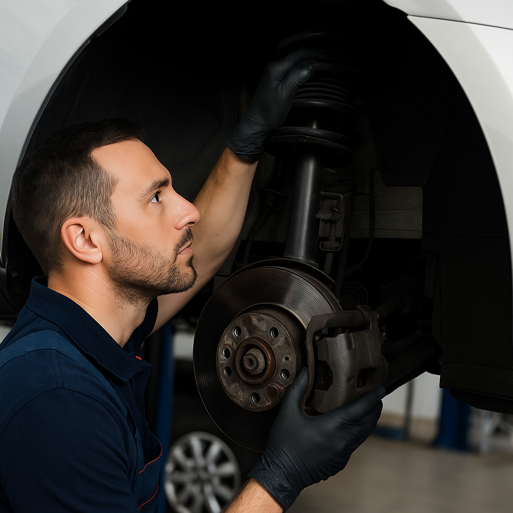 Bir teknisyen, araç liftteyken fren ve süspansiyon sistemini detaylı şekilde inceliyor.